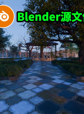 Blender傍晚黄昏晚上公园凉亭植物花园场景模型建模渲染3333