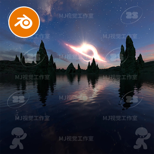 blender户外科幻夜景宇宙湖泊湖面场景倒影景色外星模型建模3148