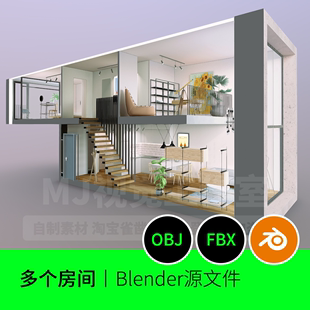 别墅房子客厅阳台房间卧室楼梯书房模型Blender文件3D三维下载945