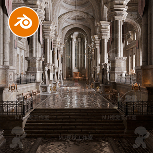 blender城堡大厅大殿教堂欧洲复古古典宫殿豪华装饰场景模型3079