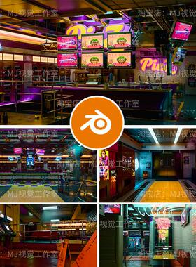 blender酒吧赛博朋克餐厅霓虹桌球食堂场景模型卡座咖啡街机2147