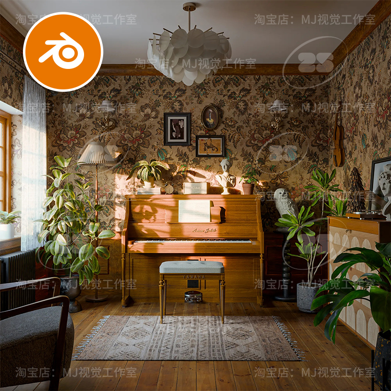blender复古室内场景钢琴木板木纹地板植物室内场景模型中古2553