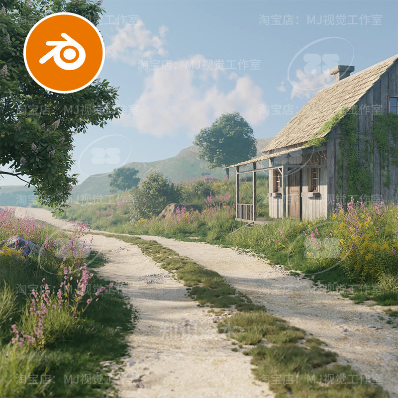 blender乡村农村小路房子屋子草丛草地野花田园场景模型建模2466