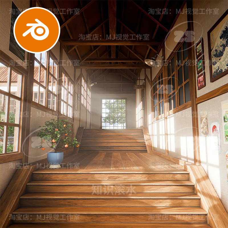 blender日本楼梯走廊木屋复古建筑房子场景模型渲染古典山屋2540