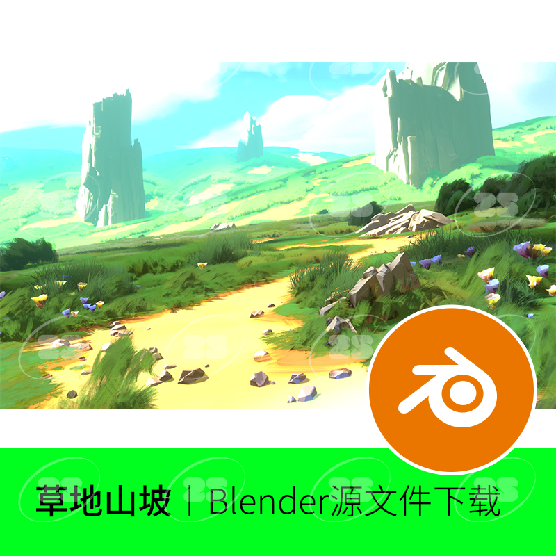 blender场景卡通漫画二次元草地山坡草丛植物山路地形渲染模型488