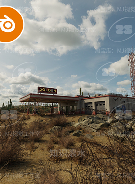 Blender加油站废弃荒漠荒野荒地末日废墟场景寻人模型素材2468