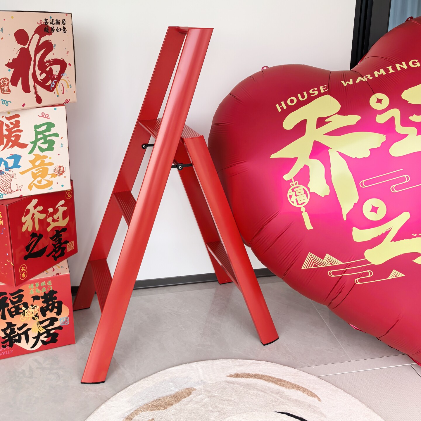 乔迁红色梯子铝合金折叠家庭用梯子加厚加粗高强度防滑折叠梯子凳