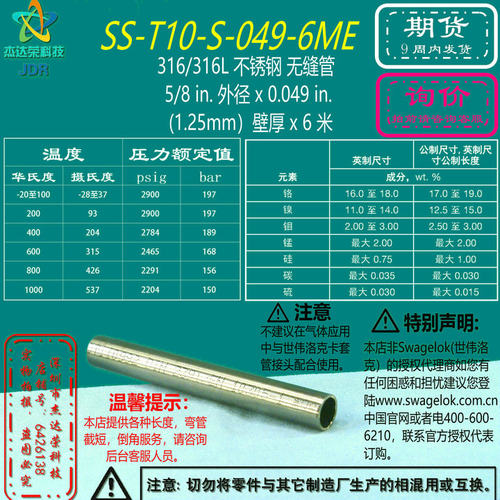 【SS-T10-S-049-6ME】Swagelok世伟洛克不锈钢无缝管5/8in询价