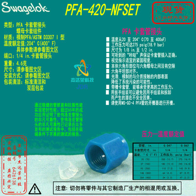 Swagelok世伟洛克PFA螺母和密封垫圈套装1/4in.