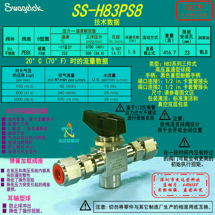 【SS-H83PS8】Swagelok世伟洛克三件式高压 球阀 1/2 in.卡套管