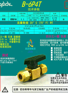 【B-6P4T】Swagelok世伟洛克黄铜1/4圈旋塞阀3/8 in. 卡套管接头