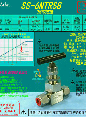 【SS-6NTRS8】Swagelok世伟洛克苛刻环境应用针阀,1/2 in.卡套管