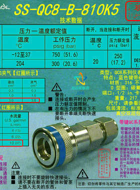 【SS-QC8-B-810K5】Swagelok世伟洛克快速接头管体1/2 in. 蓝色键