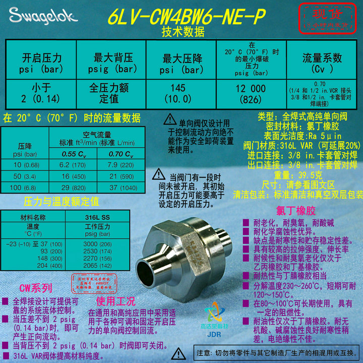 【6LV-CW4BW6-NE-P】Swagelok世伟洛克 高单向阀 3/8 in.卡套对焊