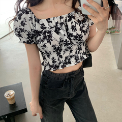 Real price ~ French square neck floral short open waist top with bubble sleeve