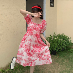 Real price ~ slightly drunk Rose Bubble Sleeve sweet air cotton forest print short sleeve