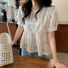 Real price ~ summer embroidery jacquard hollow out round neck high waist skirt Baby Shirt Short Sleeve Shirt