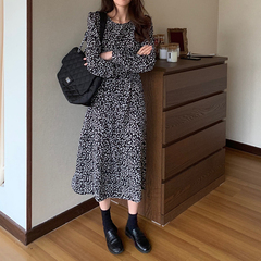 Real price ~ French black long sleeve floral dress autumn dress waist temperament long skirt