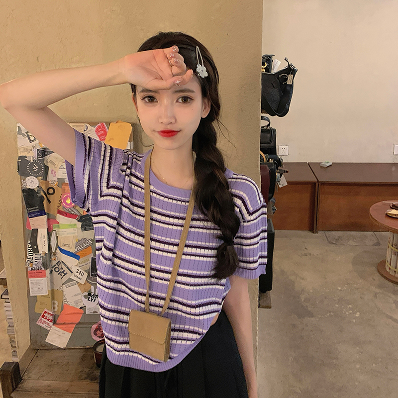 實拍實價~學院風條紋色圓領修身短袖針織短款T袖上衣