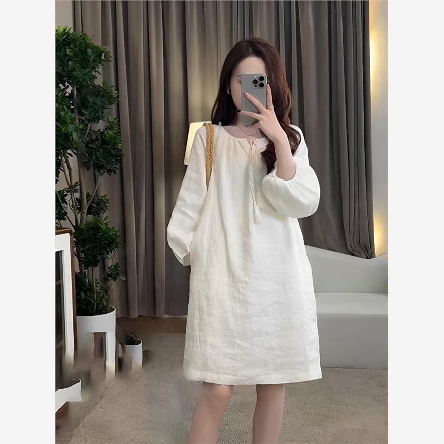 法式白色棉麻连衣裙女春