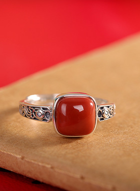 人品银品S925纯银镶嵌几何南红玛瑙戒指时尚女款复古百搭指环