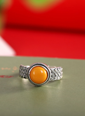 人品银品 s925纯银复古做旧编织蜜蜡戒指 简约女士个性开口指环