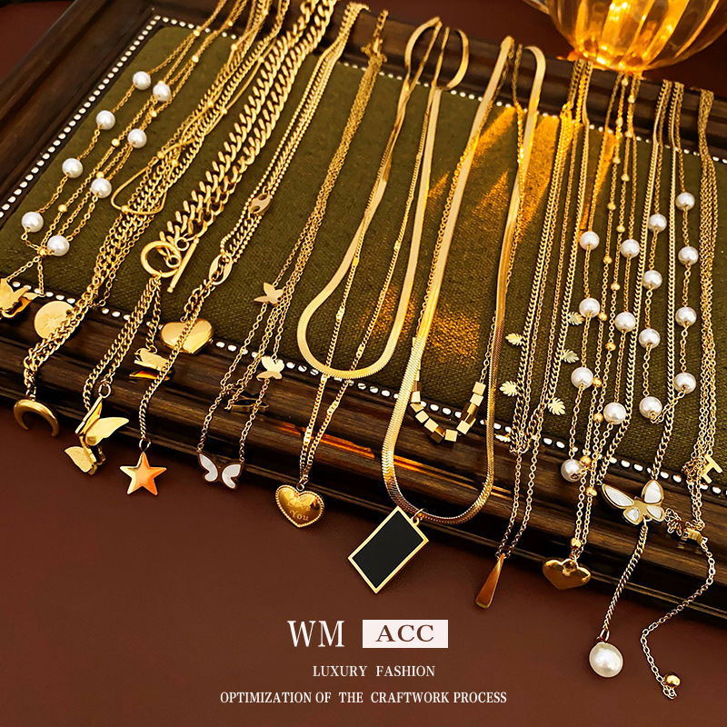 甜酷钛钢金色爱心珍珠多层项链