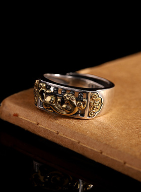 人品银品S925泰银精工貔貅算盘戒指 个性男女通用小众开口指环