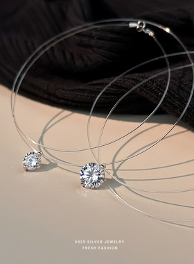 S925纯银人鱼之泪莫桑石项链女生精致锆石隐形鱼线小众百搭锁骨链