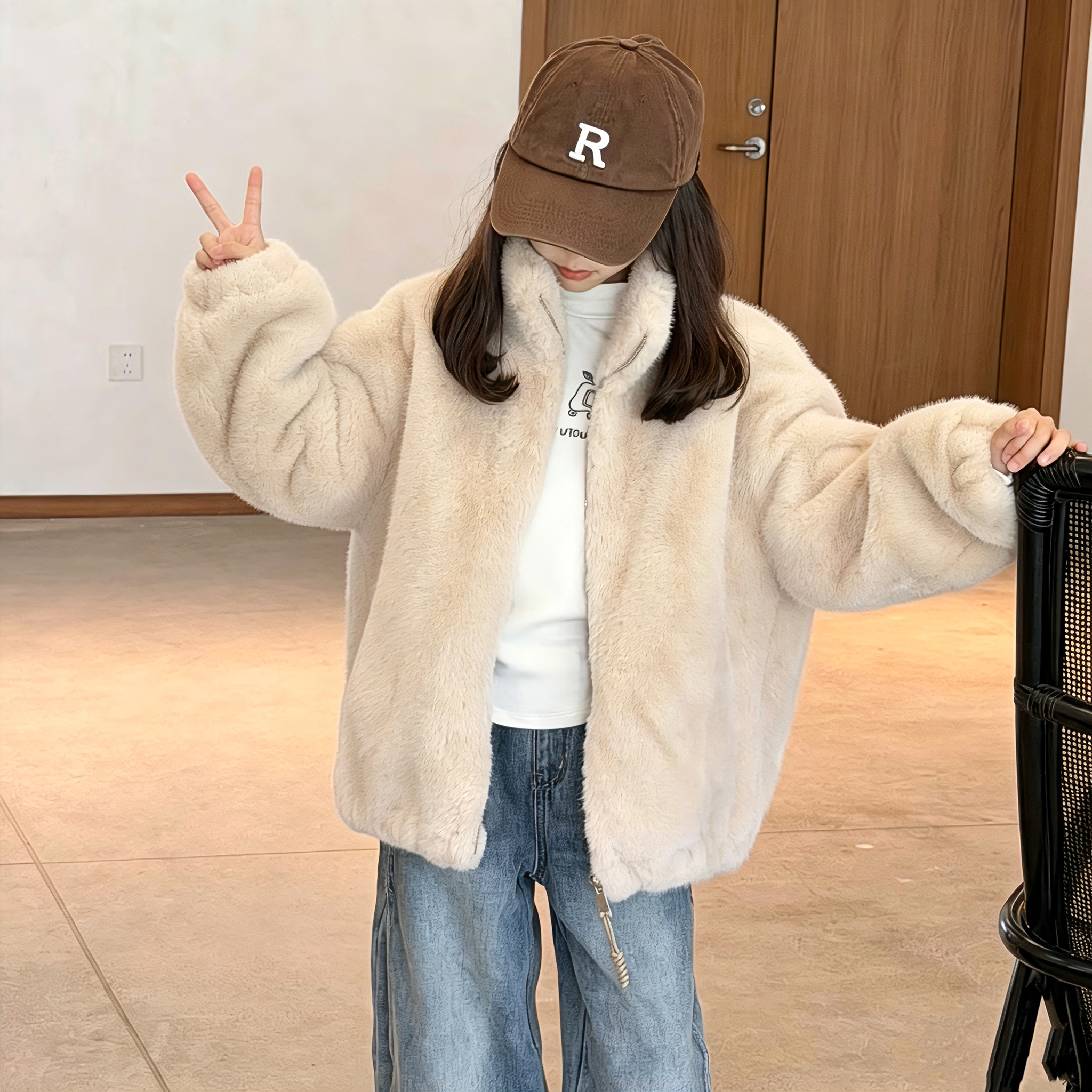 儿童立领皮草毛毛外套小女孩秋冬新款大衣中大童皮毛一体保暖上衣