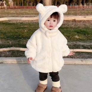 女宝宝冬装 加绒皮草外套儿童白色小熊连帽毛毛棉衣加厚保暖中长款