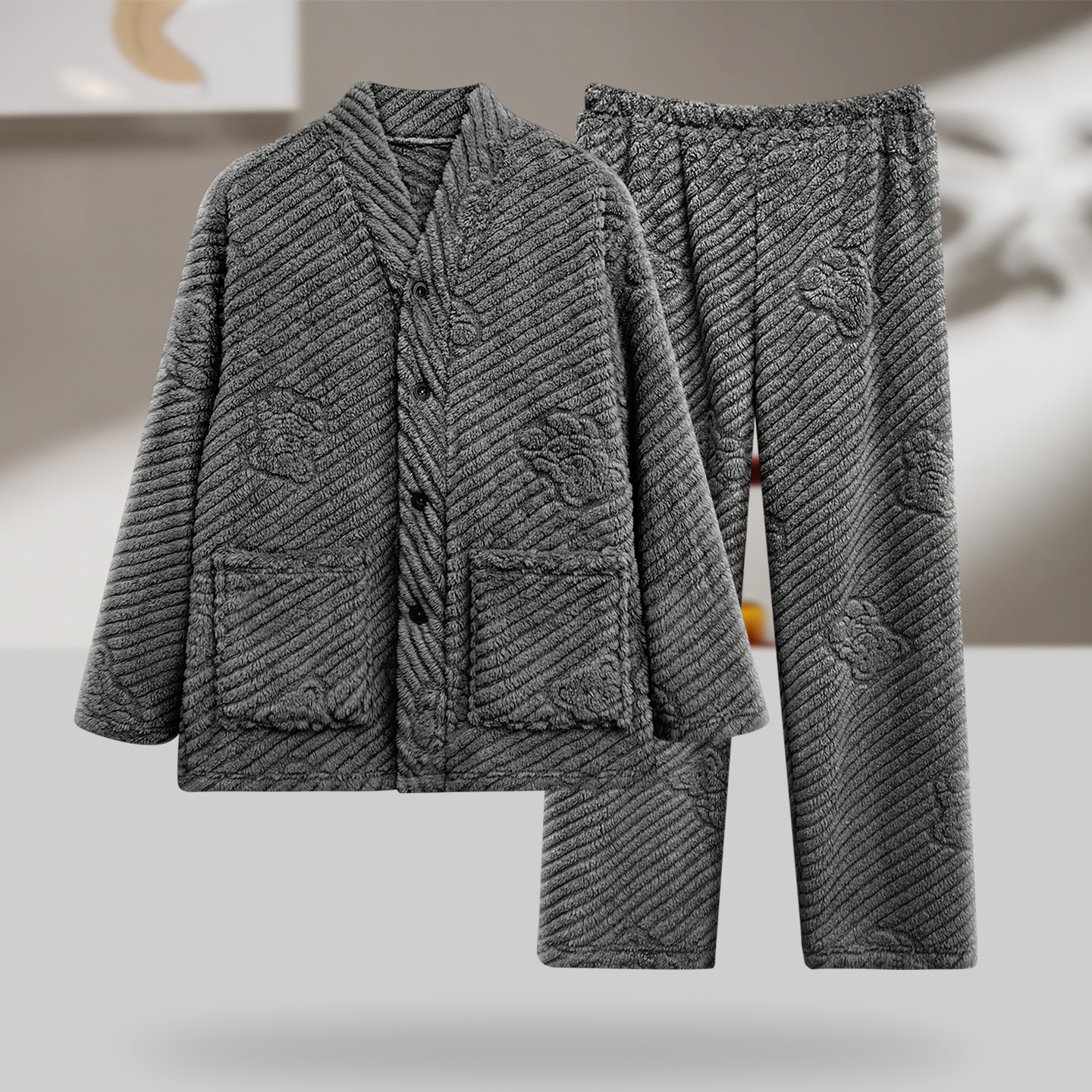 加绒保暖可外穿男士睡衣秋冬季加厚珊瑚绒法兰绒休闲宽松家居服