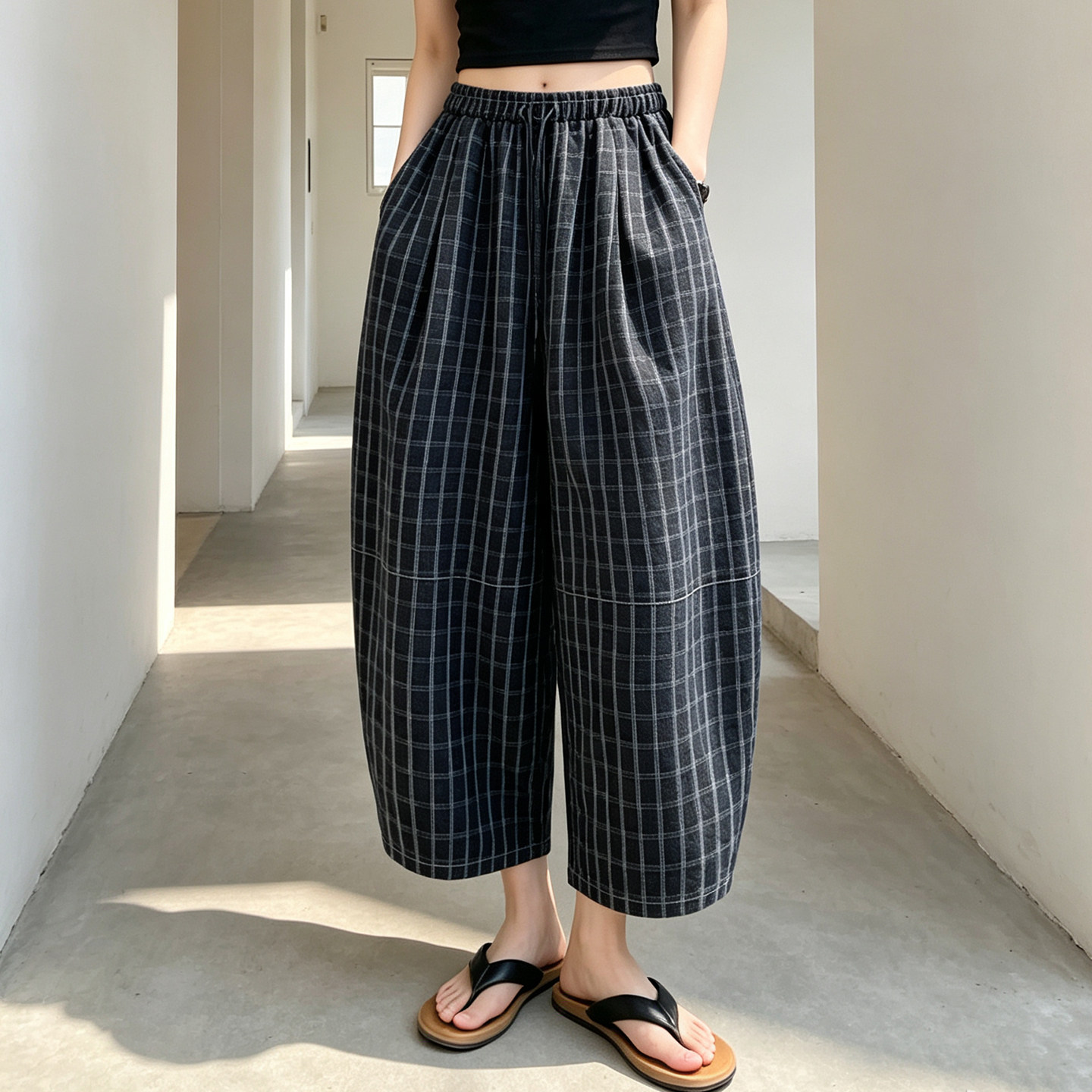 新款韩版高腰格子阔腿裤女夏季宽松显瘦百搭时尚薄款大码休闲裤子