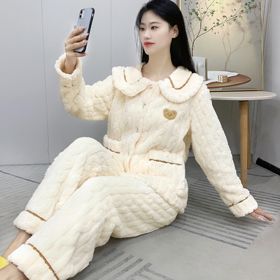 女士睡衣秋冬新款珊瑚绒加绒加厚保暖初中生可外穿家居服套装Y91