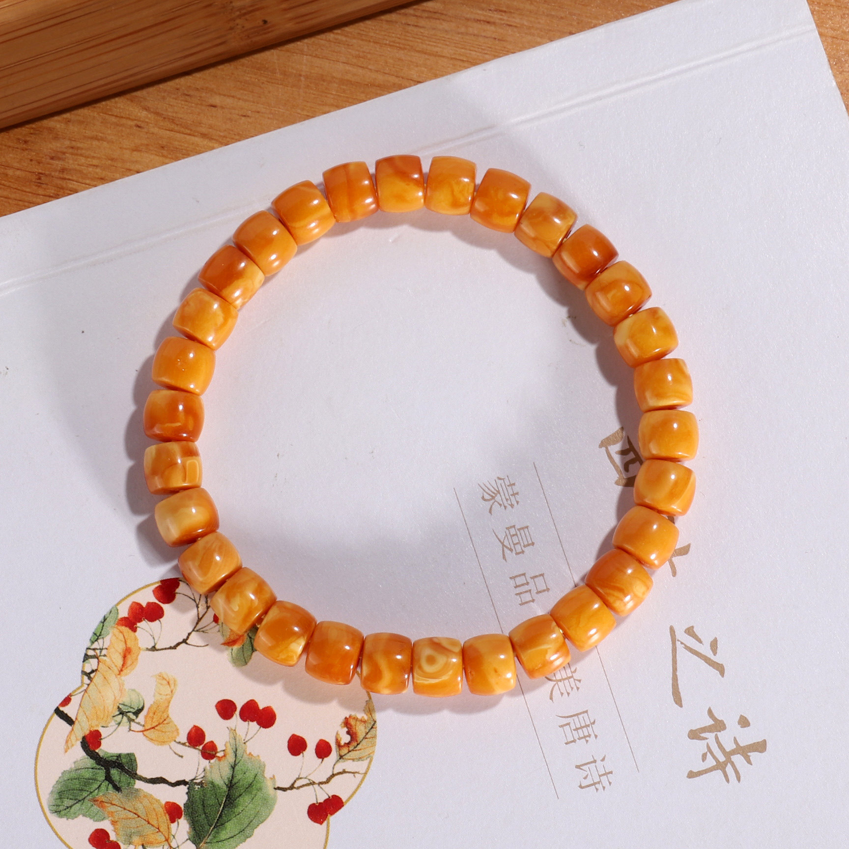 天然老蜜蜡直切手串7.2mm素圈俄料古董老蜡妖花鸡油黄手链WD14号