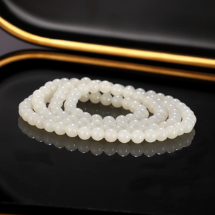 天然新疆且末和田玉手串6mm4圈 48号 猪油膏 羊脂白玉手链珠串