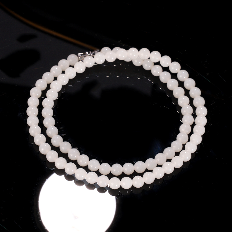 天然俄料和田玉手串6mm项链 WL55号 毕业级羊脂白玉珠串锁骨链