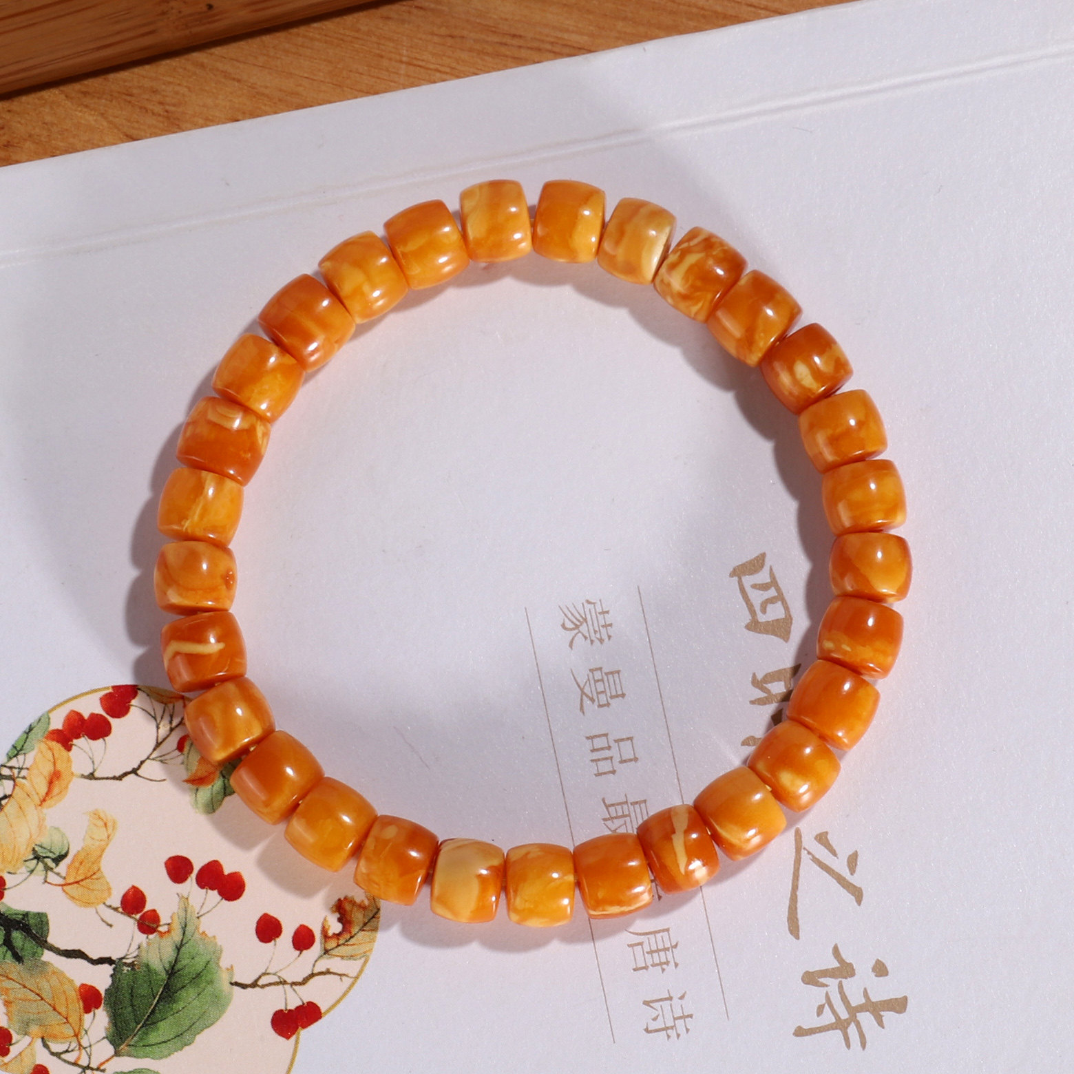 天然老蜜蜡直切手串7.5mm素圈俄料古董老蜡妖花鸡油黄手链WD15号