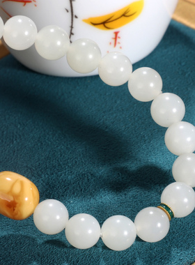 天然和田玉白玉手链8mm单圈柔光 羊脂白玉设计款圆珠手串女QC04号