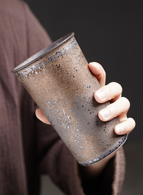 复古粗陶咖啡杯子马克杯带盖拿铁杯轻奢高级感陶瓷水杯可乐胶囊杯