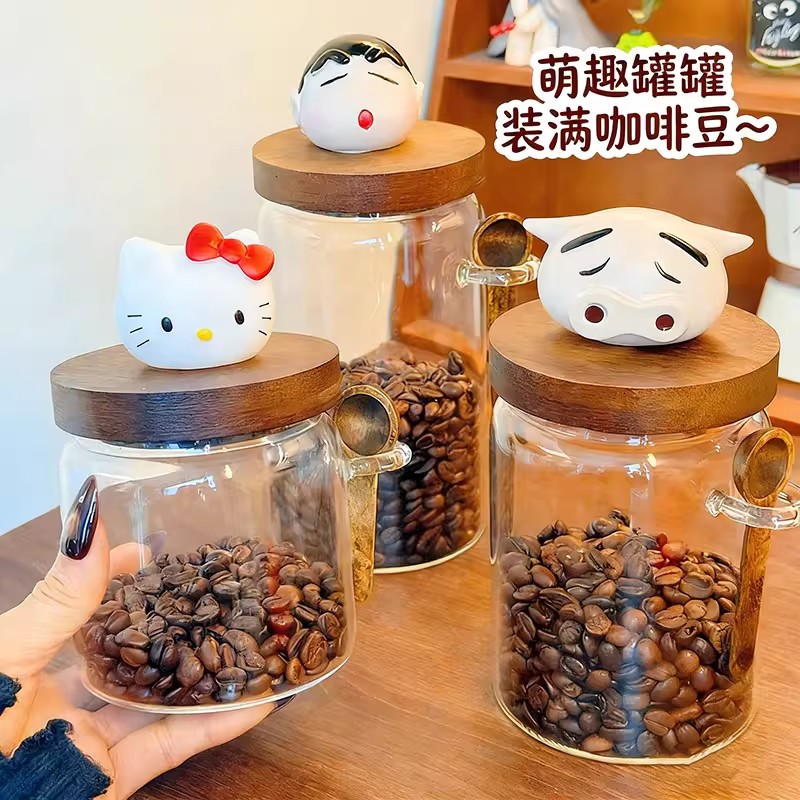 卡通带盖玻璃收纳瓶咖啡豆罐家用