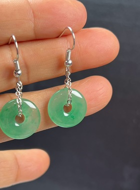 纯天然真玉耳环高冰飘翠绿色非洲翠玉玉石平安扣耳坠玉石耳环正品