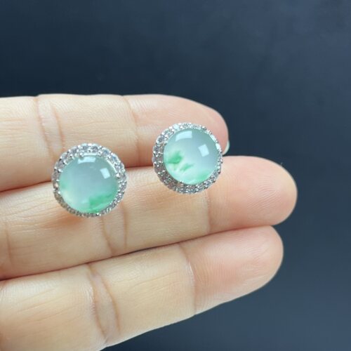 天然玉石耳环精品 高冰飘翠绿 非洲翠玉10mm蛋面耳钉 耳饰时尚