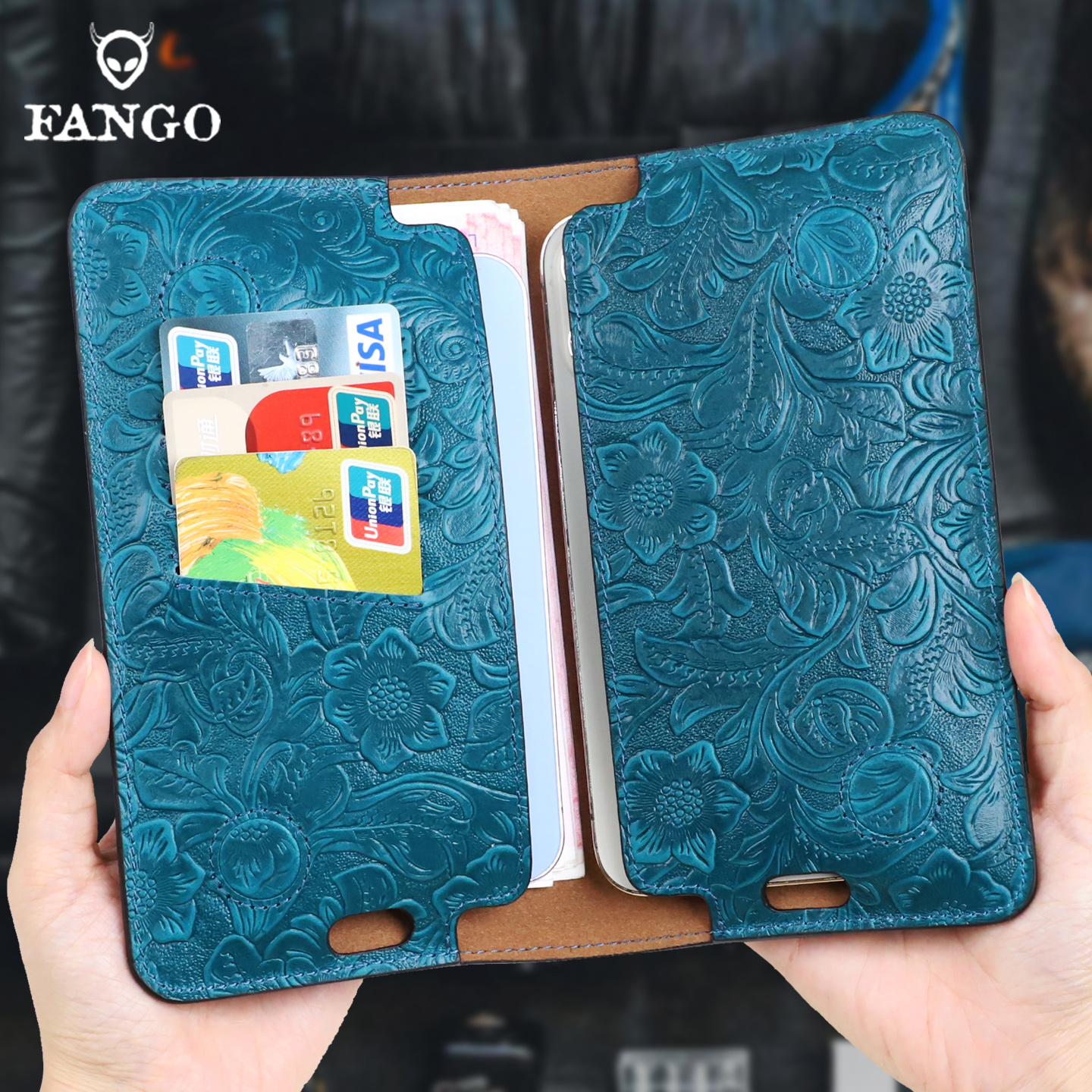 唐草纹头层牛皮双手机收纳包