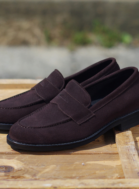 手工固特异反绒皮鞋男英伦休闲乐福懒人鞋翻毛皮商务一脚蹬低帮鞋