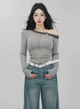 STYLE YINZ 斜肩亮钻设计感长袖T恤女2026春季新款显瘦辣妹风上衣