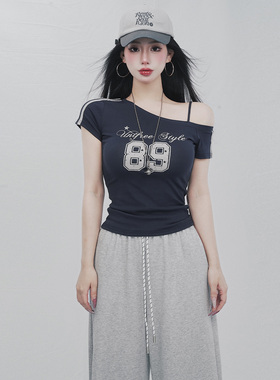 STYLE YINZ 美式数字印花短袖T恤女2026春夏新款修身显瘦露肩上衣