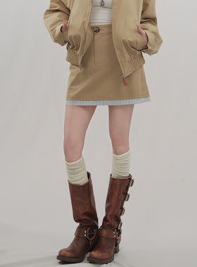 STYLE YINZ 韩系like jennie复古拼接半裙女2026春夏卡其A字短裙