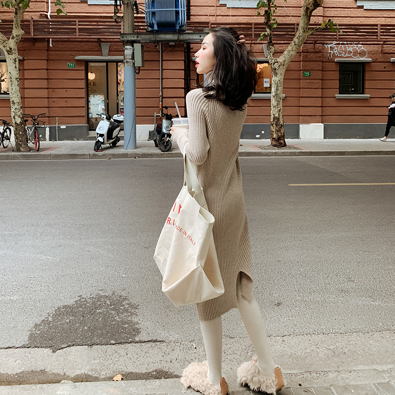 ¸ßÁìÕëÖ¯Á¬ÒÂȹŮ2018ÇﶬÐÂ¿îÆøÖÊÄÚ´îÐÞÉí³¤¿î¹ýÏ¥´òµ×ëÒÂȹ×Ó