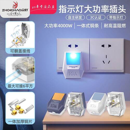 带指示灯插头加厚纯铜二插头8000W防摔两脚插头大功率10A三脚插头
